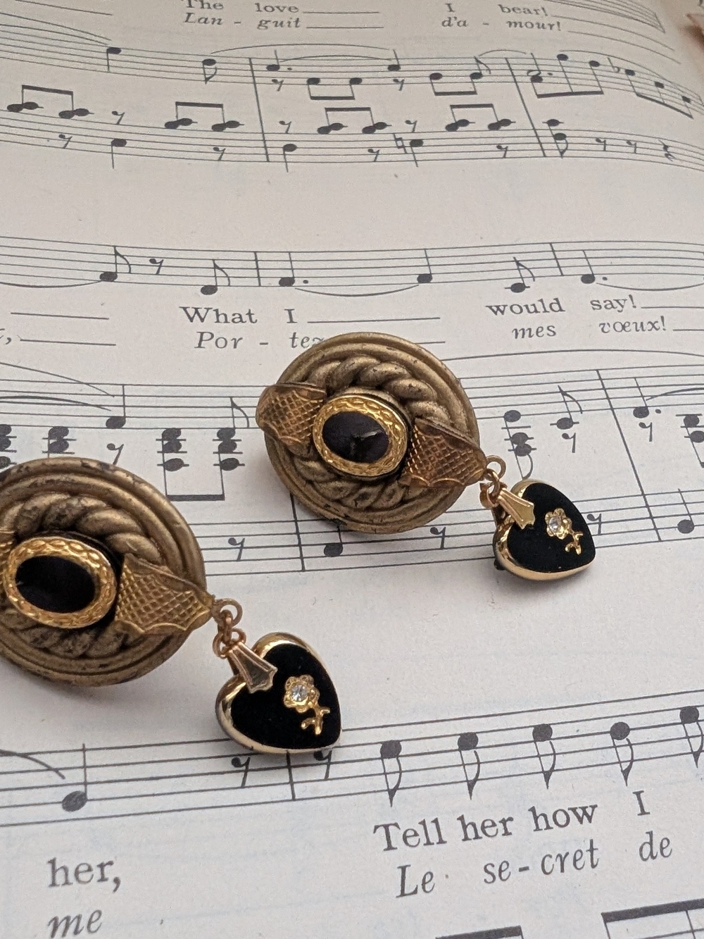 Gold-Tone Black Heart Drop Earrings - Unbranded